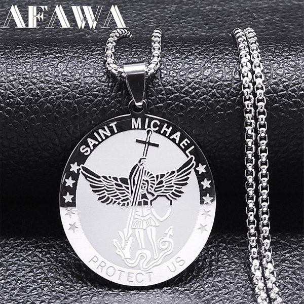 Archangel Saint Michael Medal Necklace for Women Men Stainless Steel Chain Protection Gift Jewelry Amulet Colar Masculino N2350