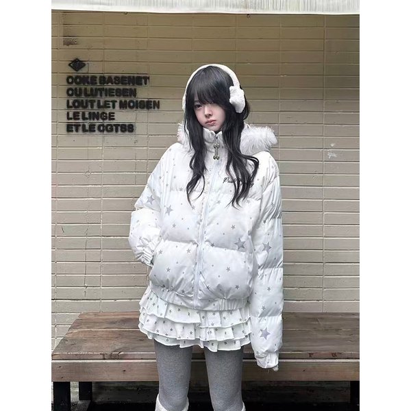 Star Print Hooded Parkas for Women Japanese Warm Design with Fur Collar Puffer Coats Harajuku Sweet Preppy Zipper Down Outerwear