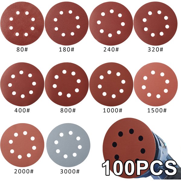 100 pièces 5 pouces 8 trous papier de verre disques abrasifs crochet boucle adhésif 80 grain-3000 grain papier abrasif 125mm disque de ponçage outils de polissage