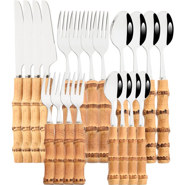Drmfiy-Ensemble de couverts en acier inoxydable avec manche en bambou naturel, vaisselle argentée, couteau de cuisine, fourchette, cuillères, 20 pièces