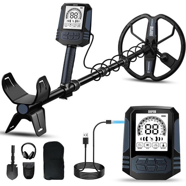 SUNPOW Détecteur de métaux souterrain professionnel pour adultes,bobine double D étanche IP68 28cm,écran LCD rétroéclairé,4 modes,7 ID métaux,tige 48–130cm,batterie 35h,kit accessoires