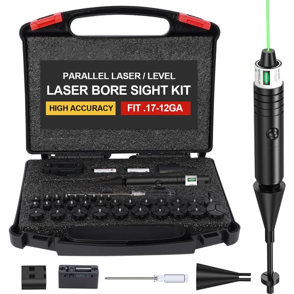 Kit d'alésage laser universel : laser vert, 32 adaptateurs, niveau anti-canant et calibrage parallèle pour.17 à 12GA.