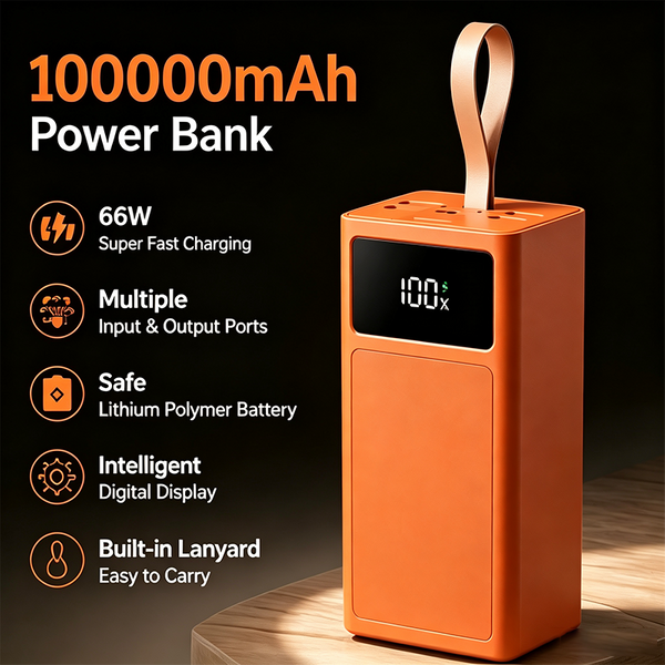Powerbank mit 100.000 mAh, 66 W Schnellladefunktion, intelligentes digitales Display, integriertes Trageband, gleichzeitiges Laden mehrerer Geräte, sicherer Lithium-Polymer-Akku.