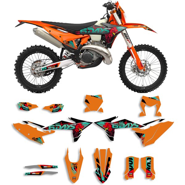 Do motocykli KTM EXC EXCF XCW 2021-2027, SX SXF XC 2016-2027, 100TH, 6DAYS, 125, 250, 300, 350, 450, 500 – zestaw naklejek graficznych i tło.