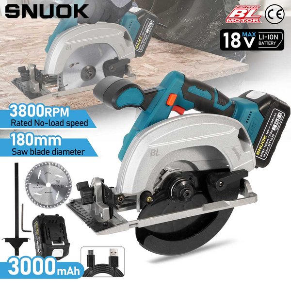 SNUOK 18V bürstenlose elektrische Kreissäge, handliches Elektrowerkzeug, 3,0-Ah-Akku mit Typ-C-Anschluss, passend für Makita-Lithium-Akkus, 3800 U/min, hohe Leistung, geeignet für die Verarbeitung von