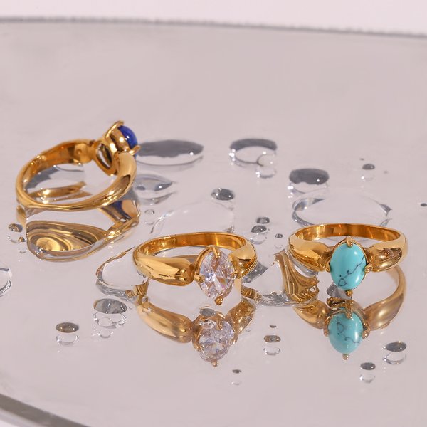 E.B.belle Luxury Stainless Steel Gold Plated Natural Stone Laips Turquoise Cubic Zirconia Rings For Women bague acier inoxydable