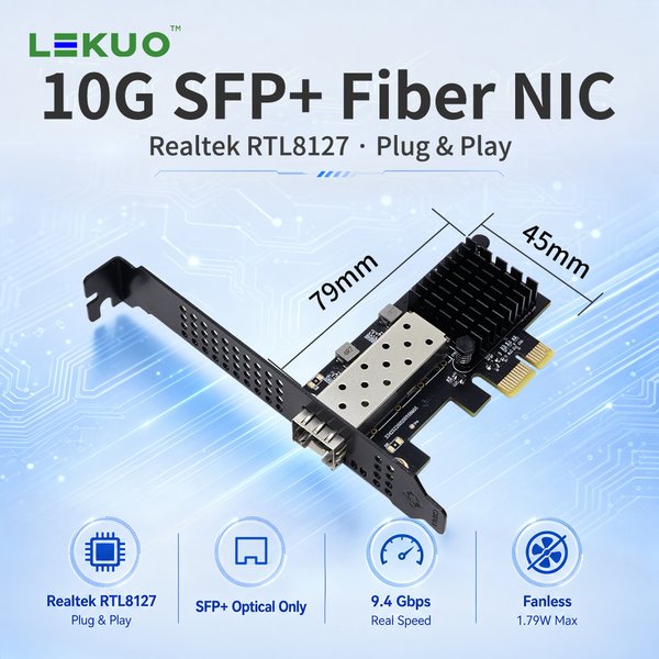 Carte réseau fibre optique Lekuo 10G SFP+ PCIe 4.0 X1 avec puce RTL8127ATF, faible latence, haut débit, qualité professionnelle pour NAS/serveur