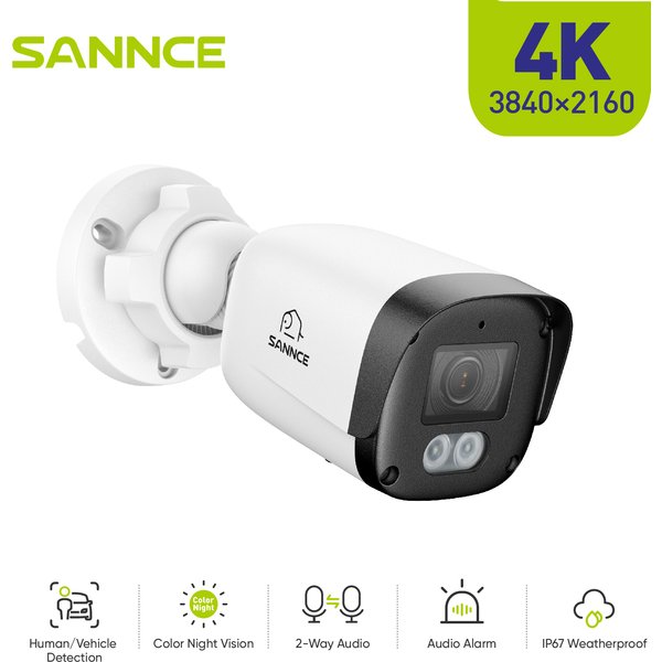 Kamera zewnętrzna SANNCE 8MP PoE, kamera IP 4K UHD typu bullet z dwukierunkowym audio, detekcją AI osób i pojazdów, inteligentnym, kolorowym trybem nocnym z podwójnym oświetleniem, slotem na kartę SD