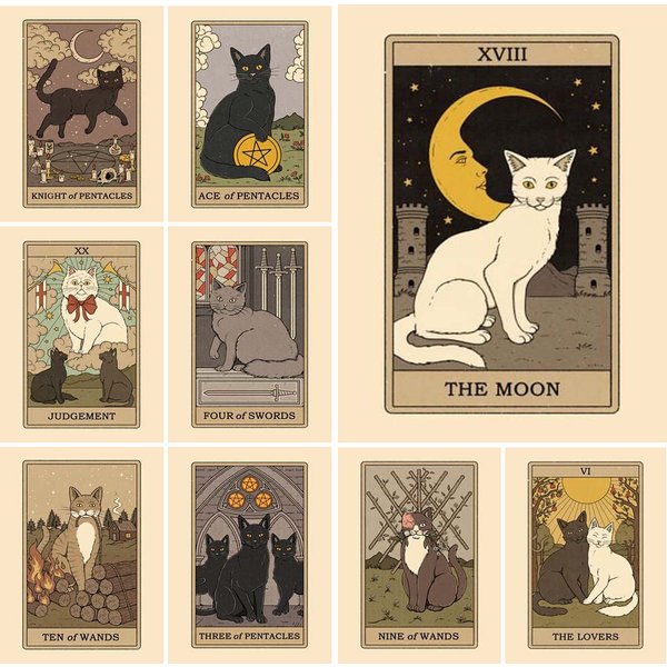 Carte de Tarot Vintage lune chat, toile d'art mural, peinture murale, images pour salon, affiches et imprimés, décoration de maison sans cadre
