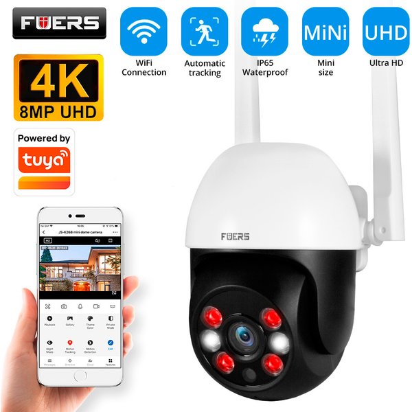 Caméra IP Fuers K268 Tuya Smart pour extérieur, sécurité domestique, suivi automatique, détection humaine, caméra WIFI CCTV, surveillance, étanche, 8MP