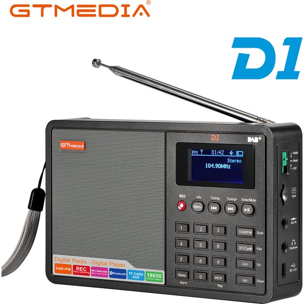 Tragbares Radio DAB+/FM+BT/Karte/AUX Unterstützt BT TF-Karte Digitaler Player mit Uhr/Alarm/Schlaf-Timer mit Zeitanzeige GTMEDIA D1
