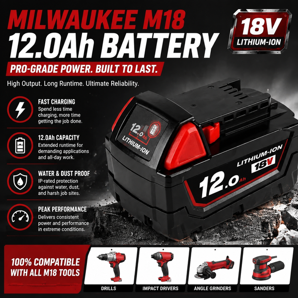 18V 12,0Ah Ersatz-Lithium-Akku für die Milwaukee M18-Serie, kompatibel mit allen M18 18V Akku-Werkzeugen, Hochleistungs-Li-Ionen-Akku, schnelles Aufladen, IP54 Staub- und Wasserschutz, schneller