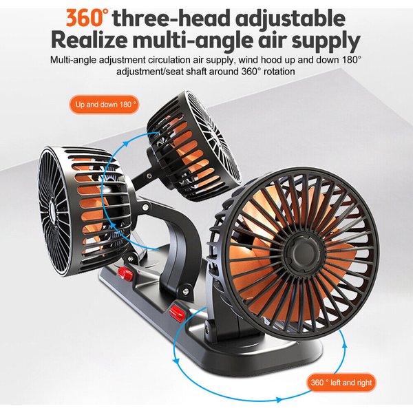 Ventilateur de voiture 360 ° Ventilateur d'air électrique automobile réglable à 3 têtes, USB/12V/24V, 2 vitesses, silencieux, pour maison, bureau, voiture