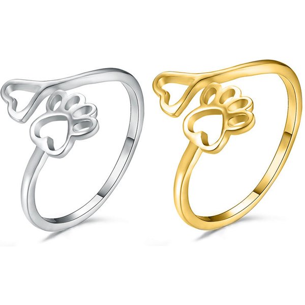 Niedlicher hohler Herz-Hundepfotenring, verstellbar, Edelstahl, Haustier-Fußabdruck-Ringe für Frauen, Hund, Mutter, Schmuck