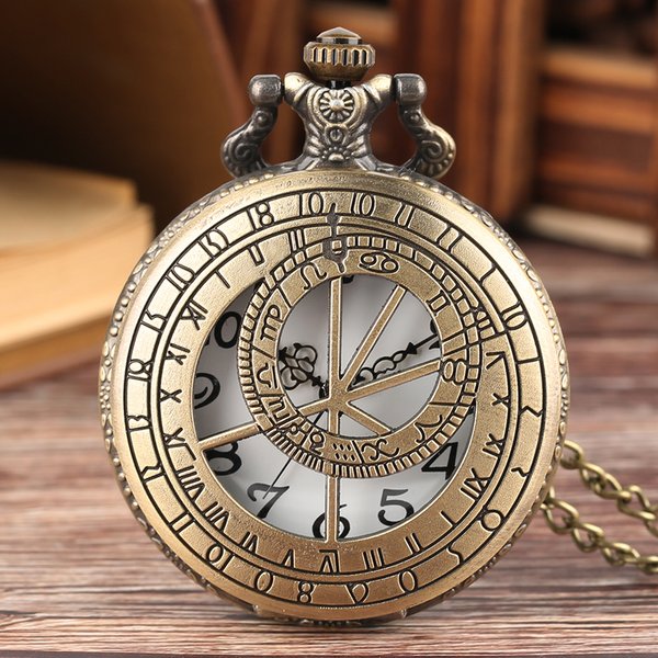 Boussole du zodiaque, motif ajouré, Bronze rétro, montres de poche à Quartz pour hommes et femmes, collier, pendentif Antique, cadeaux