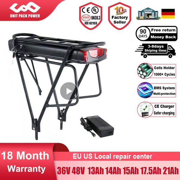 Original 21700 Batterie de vélo électrique pour porte-bagages arrière 36V 19.2Ah 13Ah 48V 52V 14.4Ah 15Ah 17.5Ah 18650 Batterie de vélo électrique pour moteur 250W 350W 500W 750W 1000W