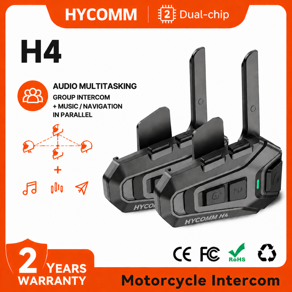 Marke HYCOMM H4 Motorradhelm-Headset, Mesh-Intercom für 4 Fahrer mit einer Reichweite von bis zu 1,2 Meilen, Audio-Multitasking, universelles Pairing, Musik-Sharing, schnelles Laden mit 1000mAh Akku,