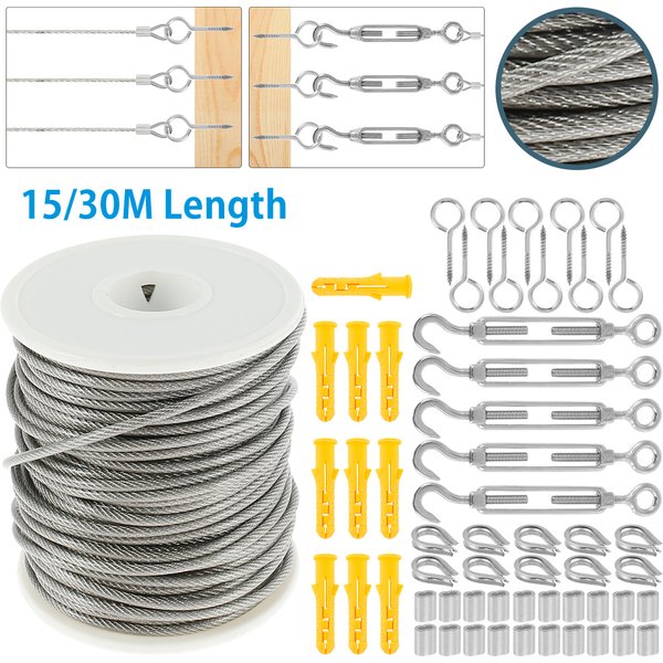 30/15 m Drahtkabel, Edelstahl, robust, Drahtkabel, Gartengeländer, Draht, Zaun, Rollen-Sets für Outdoor-Zelt-Reinigungsseil