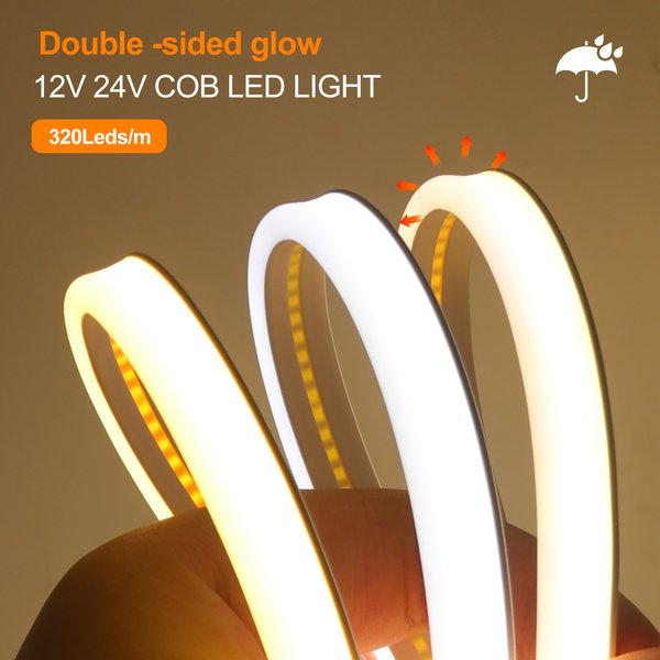 Bande Lumineuse LED COB Double Face, 12V, 24V, Étanche, Flexible, Néon, 320 Gible, Haute Densité, Éclairage Linéaire, 0.5-20M