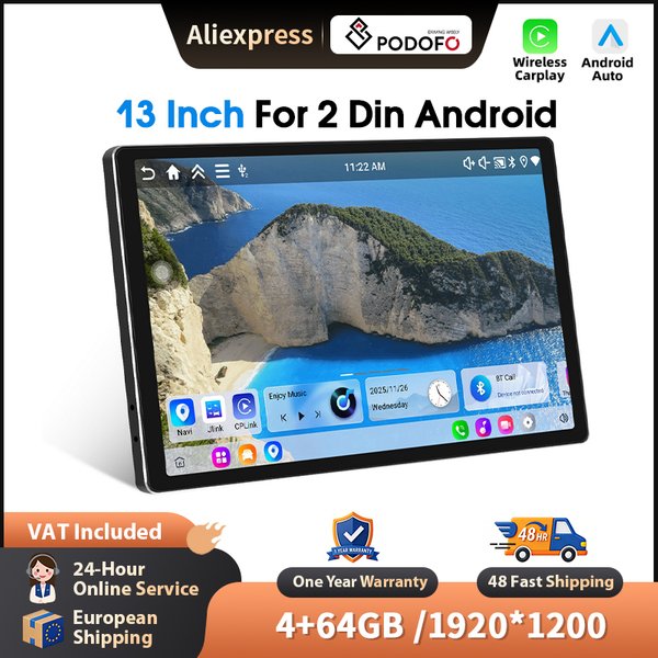 Podofo Radio Android Auto sans fil 13 pouces pour systèmes intelligents de voiture universels, navigation GPS, BT FM/RDS, autoradio 2din, unité principale, SWC, systèmes intelligents de voiture,