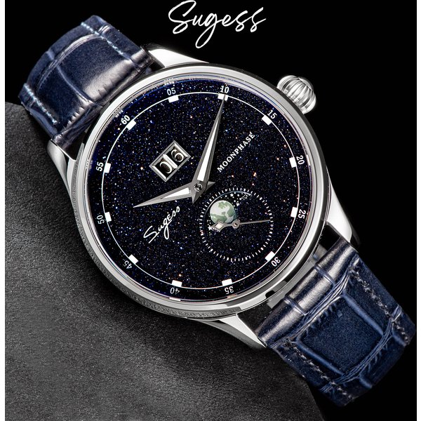 Sugess Mens Watch Limited Edition Moonphase 316L Stainless Steel Case Tianjin ST2528 Movement Luxury Gemstone Stars Dial Gift V3