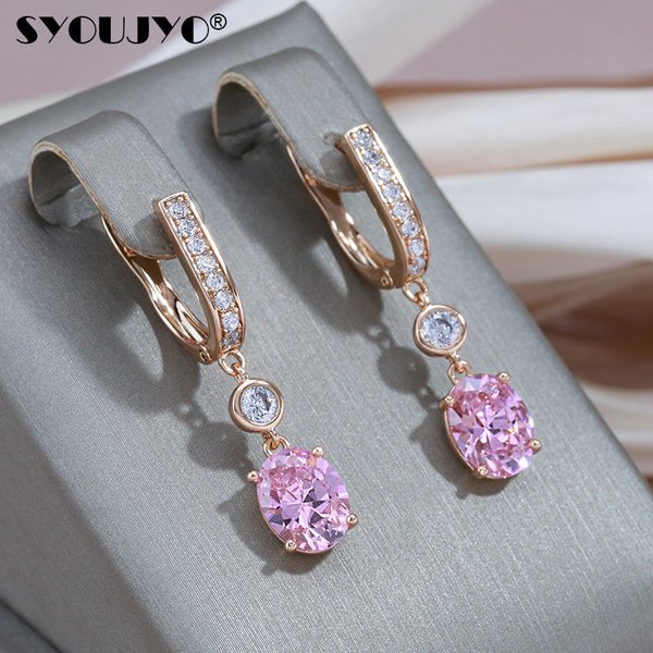 SYOUJYO Natural Pink Zircon Dangle Earrings For Women Luxury Bride Wedding Jewelry 585 Rose Gold Color Long English Earring