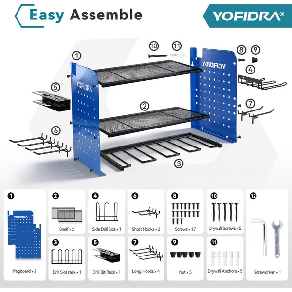 YOFIDRA 3-stufiger Elektrowerkzeug-Organizer 100LBS Wandmontage Metall-Werkzeugregal Bohrmaschinenhalter Werkzeugaufbewahrung für Werkstatt-Lochpaneel