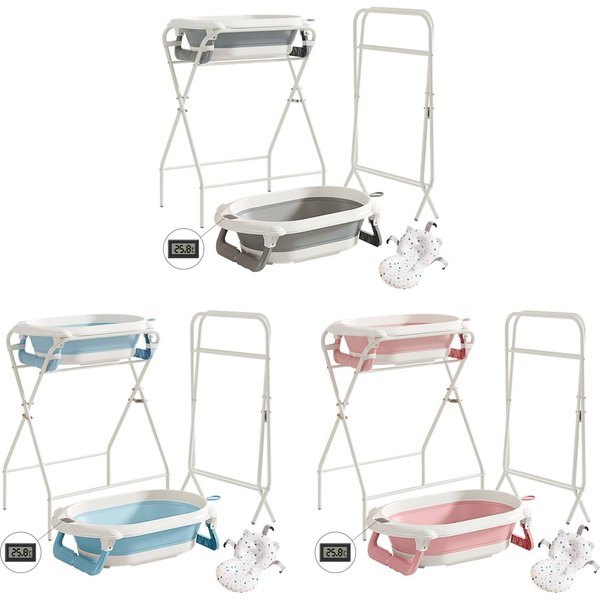 3-in-1 faltbare Babybadewanne mit Ständer – vielseitig einsetzbar für Neugeborene bis Kleinkinder, mit Thermometer, Badekissen, für Reisen/Außenbereich