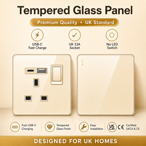 Gold Glass 13A Three-hole USB Switch 86 146 Socket British Standard 110V-250V Wall Power Outlet Ground