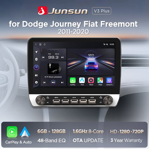 Junsun 10,1-Zoll-Autoradio für Dodge Journey für Fiat Freemont 2011-2020, kabelloses CarPlay, Android Auto, intelligente Systeme, IPS-Touchscreen mit physischen Tasten, DSP, GPS-Navigation, WLAN,
