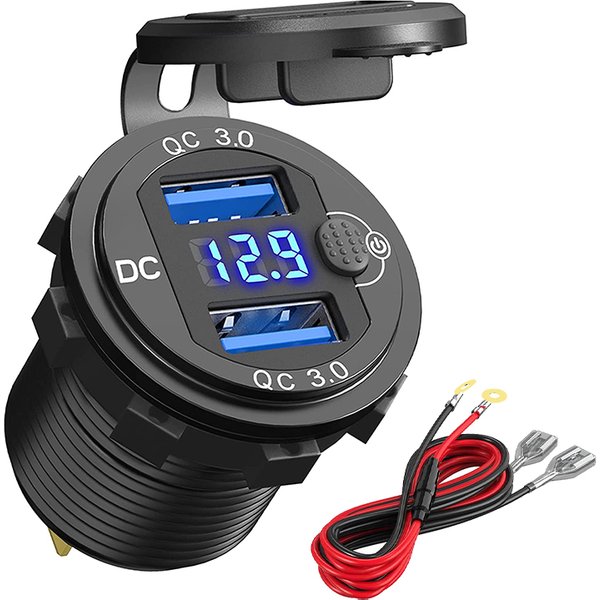 Schnellladegerät Aluminium QC3.0 Dual USB Autoladegerät mit Schalterknopf LED Spannungsanzeige für 12V/24V Autos Boote Motorrad