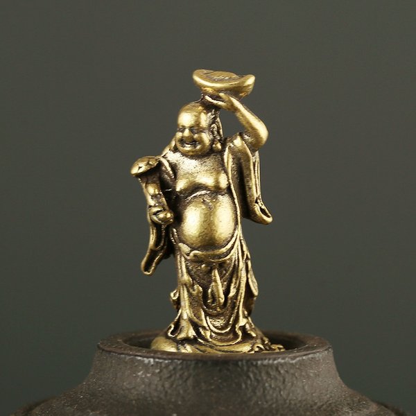Kupfer Maitreya Buddha Miniaturen Figuren Tasche Messing Kleine Statue Ornamente Home Decor Handwerk für Wohnzimmer Schreibtisch Dekoration