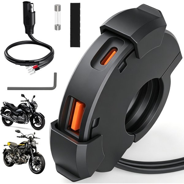 Ładowarka USB na kierownicę motocykla z podwójnym portem USB, pierścieniowy adapter do ładowania telefonu, zasilanie 12V z bezpiecznikiem i akcesoriami montażowymi do ładowania urządzeń mobilnych na