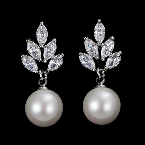 ZAKOL Elegante Blatt Zirkonia Baumeln Ohrringe für Frauen Luxus Imitation Perle Braut Hochzeit Schmuck
