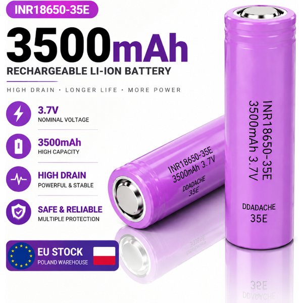 18650 Li-Ion Wiederaufladbare Batterie 3,7V 3500mAh INR18650-35E Hohe Kapazität 25A, Premium-Alternative zum Ersetzen alter Zellen, Größere Leistung und Dauer, Kompatibel mit Taschenlampen,