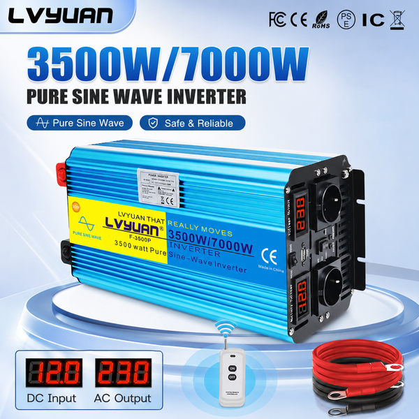 DC12V zu AC220V Reiner Sinus-Wechselrichter 5000W 6000W 7000W Spitzenleistung Konverter 12V/24V Spannungswandler 50Hz/60Hz Umschaltbar LED-Anzeige Doppelte EU-Steckdose Fernbedienung Solarsystem