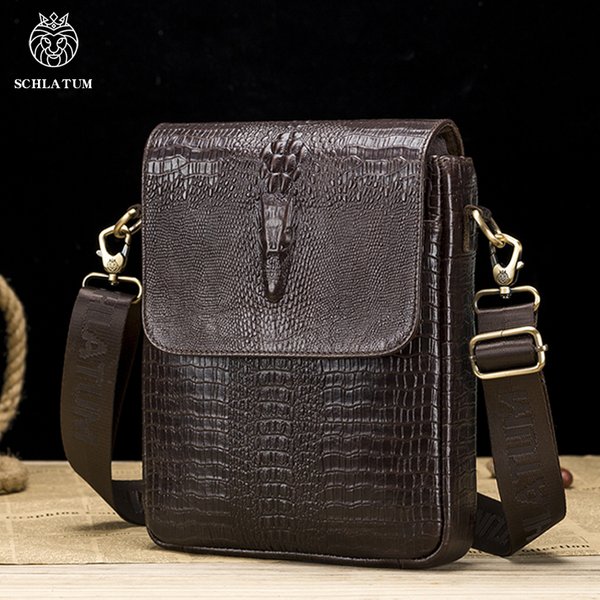 SCHLATUM Umhängetasche aus echtem Leder, täglich, lässig, für Herren, dunkelbraun, Vintage-Krokodilmuster, Umhängetasche für Herren