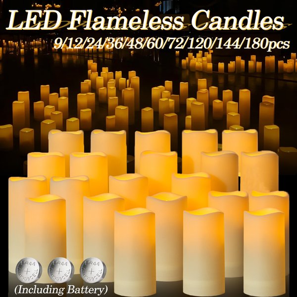 Bougies artificielles LED sans flamme, 180-9 pièces, pour mariage, bougies en forme de pilier, bougies scintillantes pour concert décoratif