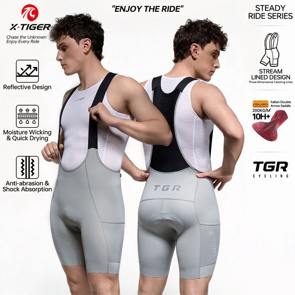 X-TIGER Herren-Radhose mit Trägern, Pro-Sommer-Modell, 200-Dichte-Chamois, hochwertige MTB- und Rennrad-Hose mit Trägern und Taschen