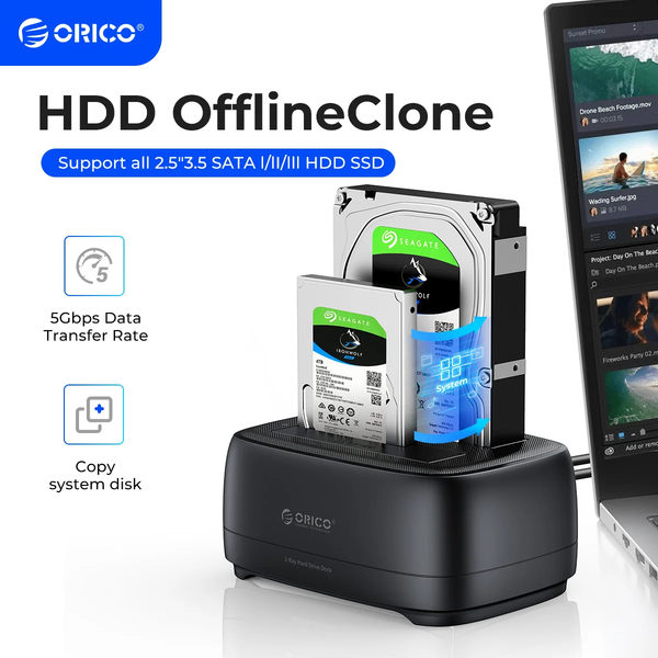 ORICO Offline-Klonen 3,5 Zoll Festplatten Dockingstation,Dualschacht USB 3.0 HDD Docking Station für SATA 2,5/3,5 Zoll HDD/SSD,Unterstützt UASP und 2x20TB Laufwerke