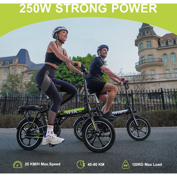 AVDLEU A10 E-Bike 16 Zoll, ausgestattet mit einem 36V 12,8Ah Akku und einem 250W Motor. Erreicht Geschwindigkeiten von bis zu 25 km/h mit einer Reichweite von 30–50 km