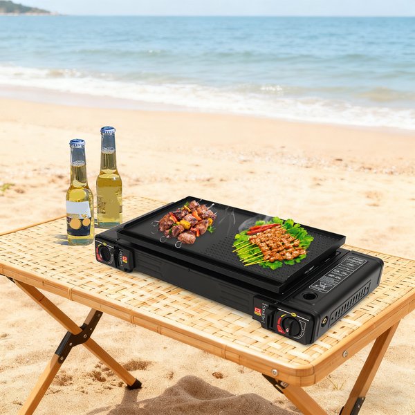 Campingkocher mit zwei Brennern, tragbare Outdoor-Kochausrüstung mit Grillablage und Aufbewahrungskoffer für Picknick, Grillen, Wandern