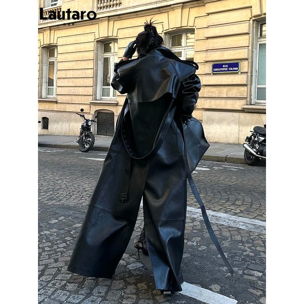 Lautaro – Trench-Coat en cuir Pu noir Extra Long pour femme, avec dos, fente haute, luxe, Chic, mode européenne, printemps automne, 2024