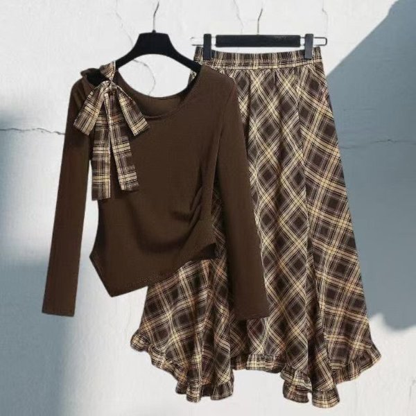 Ensemble tailleur femme tendance automne 2026 : Haut asymétrique à manches longues et lacets, jupe écossaise – Nouvelle collection
