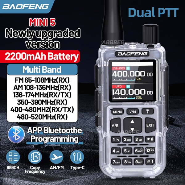 BAOFENG MINI-5 Radio Krótkofalarskie Bateria 2200mAh Programowanie przez Aplikację Bluetooth Daleki Zasięg Walkie Talkie Pełna Półka Częstotliwości AM/FM 999 Kanałów Kopiowanie Częstotliwości VOX Nowo