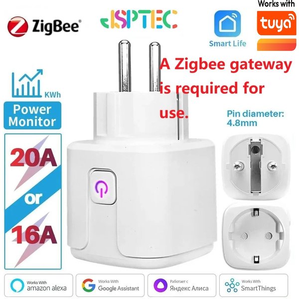 Prise intelligente Tuya Zigbee 20A EU avec surveillance de la consommation électrique, fonction de minuterie, commande vocale via Alexa, Google Home, Yandex