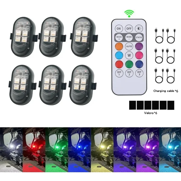 4/6 SZT. RGB LED Światła Stroboskopowe Samochodowe Motocyklowe Bezprzewodowe Światła Ostrzegawcze do Samolotów Helikopterów LED Flash z Ładowaniem USB