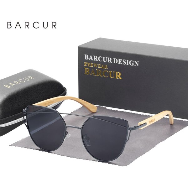 BARCUR Cat Eye Sunglasses for Women Polarized Lady Luxury Women Sun Glasses Metal Frame Wood Bamboo Glasses Sun Shades UV400