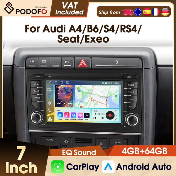 Podofo 7'' Wireless Carplay Car Radio Player For Audi A4 2002-2007 S4 RS4 B6 B8 B7 Android Auto Wifi GPS FM RDS Car Multimedia Player