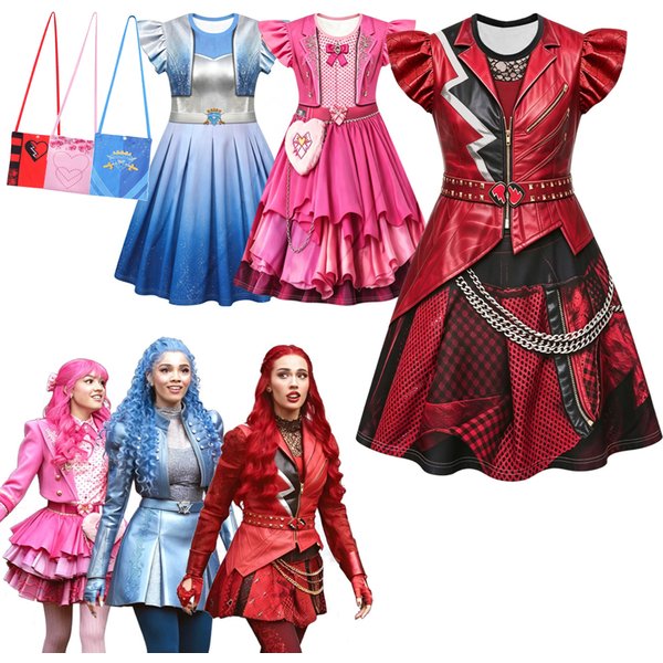 Kids Movie Descendants 5 Red Cosplay Costume Short Sleeved Print Casual Dresses Halloween Carnival Princess Pink Dress for Girls